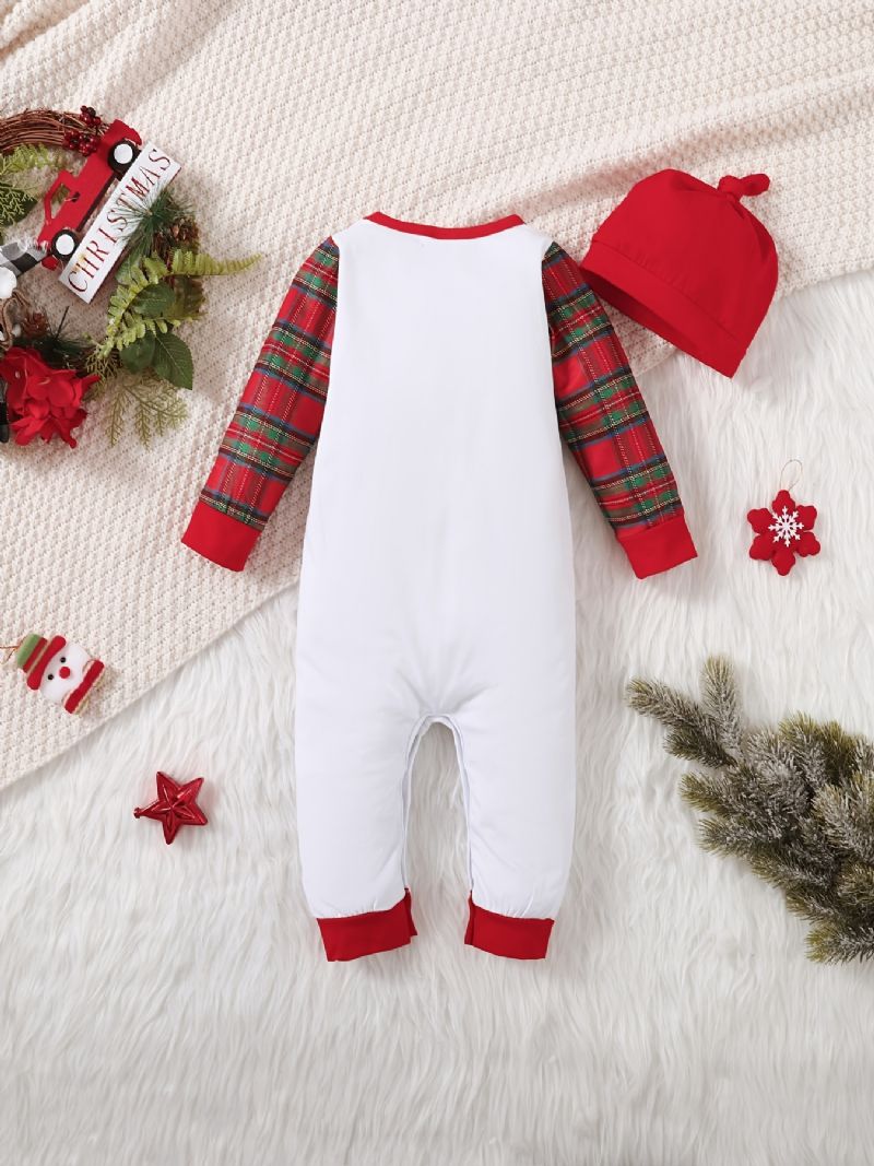 Nyfødt Spædbarn Juleprint Rullebukser Rød Plaid Langærmet Rundhalset Jumpsuit & Hatte Sæt Til Baby Drenge Piger Børn Tøj