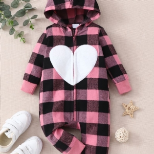 Nyfødt Spædbarn Plaid Hættetrøje Langærmet Hjertelappet Jumpsuit Til Babypiger Småbørnstøj