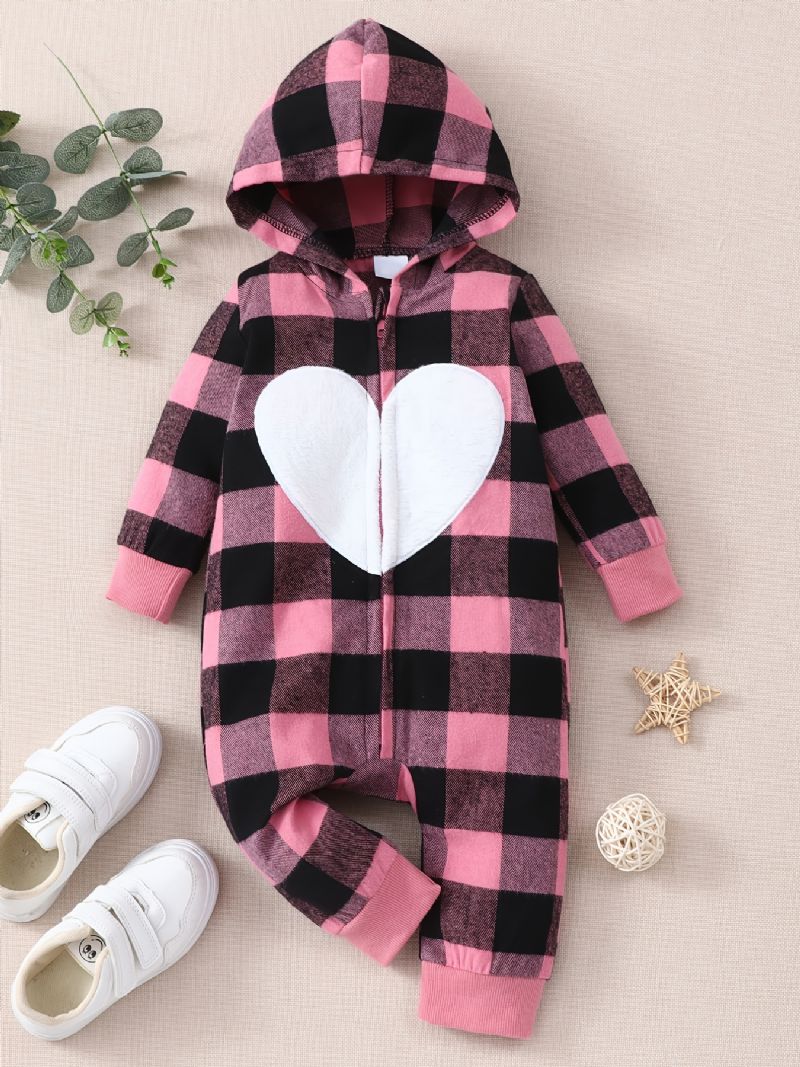 Nyfødt Spædbarn Plaid Hættetrøje Langærmet Hjertelappet Jumpsuit Til Babypiger Småbørnstøj