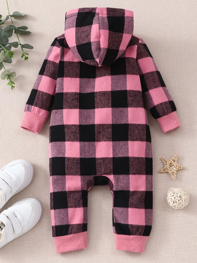 Nyfødt Spædbarn Plaid Hættetrøje Langærmet Hjertelappet Jumpsuit Til Babypiger Småbørnstøj