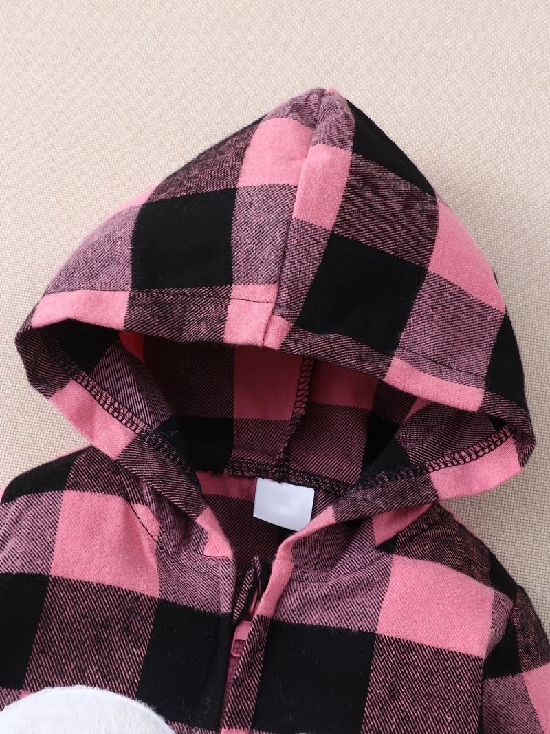 Nyfødt Spædbarn Plaid Hættetrøje Langærmet Hjertelappet Jumpsuit Til Babypiger Småbørnstøj