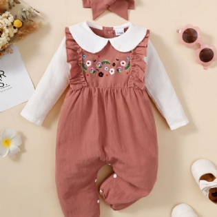 Nyfødt Spædbarn Romper Blomsterbroderi Langærmet Dukkekrave Flæse Jumpsuit & Pandebånd Til Babypiger Børnetøj