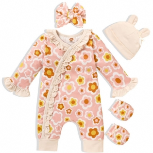 Nyfødt Spædbarn Romper Blomstertryk Langærmet Flæse Jumpsuit & Pandebånd & Hatte & Handsker Sæt Babypiger Tøj