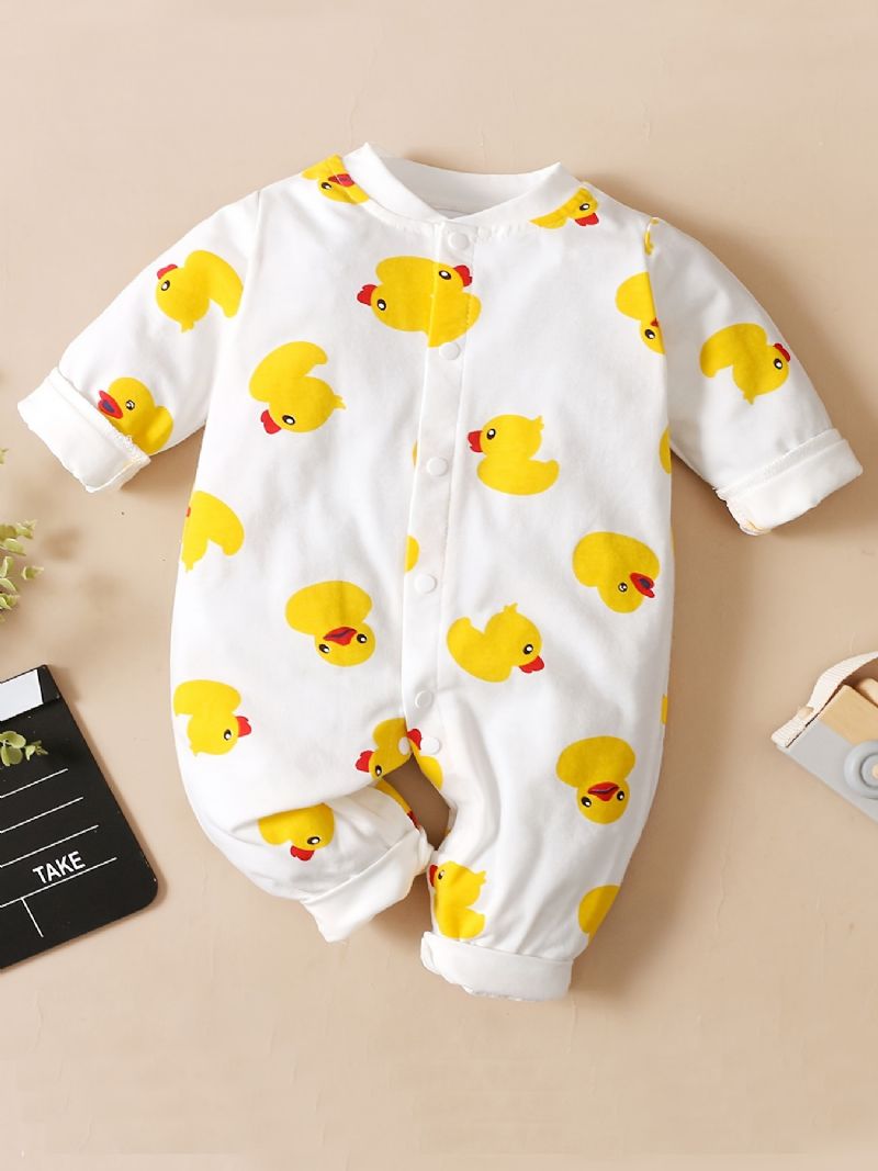 Nyfødt Spædbarn Romper Tegneserie Andeprint Langærmet Rundhals Jumpsuit Til Baby Piger Småbørnstøj