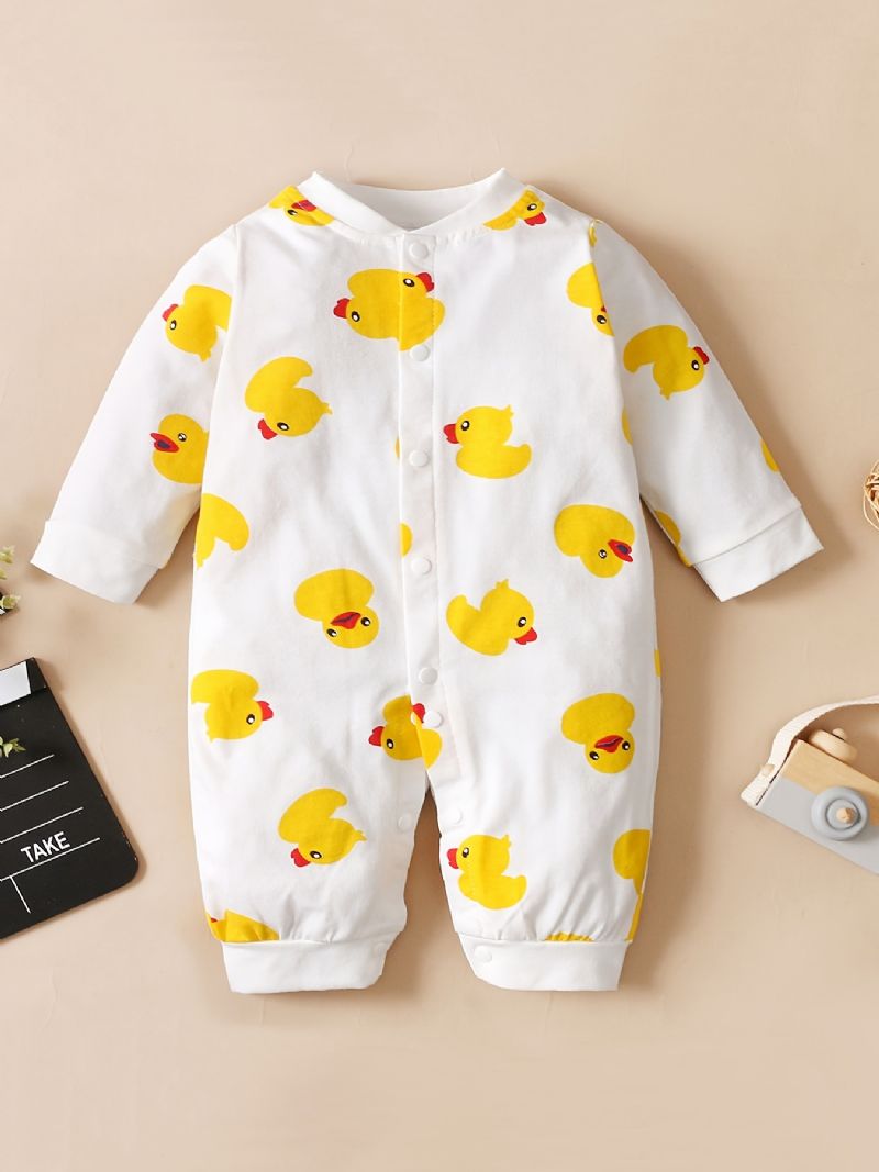 Nyfødt Spædbarn Romper Tegneserie Andeprint Langærmet Rundhals Jumpsuit Til Baby Piger Småbørnstøj