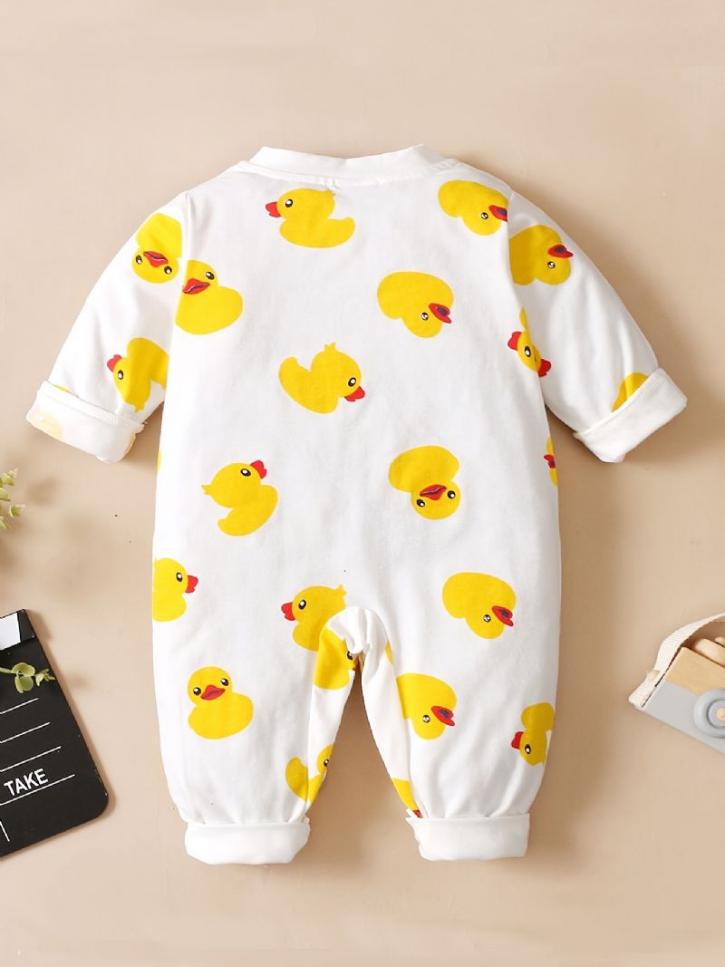 Nyfødt Spædbarn Romper Tegneserie Andeprint Langærmet Rundhals Jumpsuit Til Baby Piger Småbørnstøj