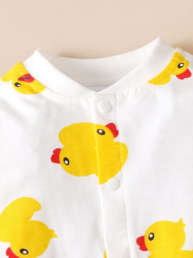 Nyfødt Spædbarn Romper Tegneserie Andeprint Langærmet Rundhals Jumpsuit Til Baby Piger Småbørnstøj