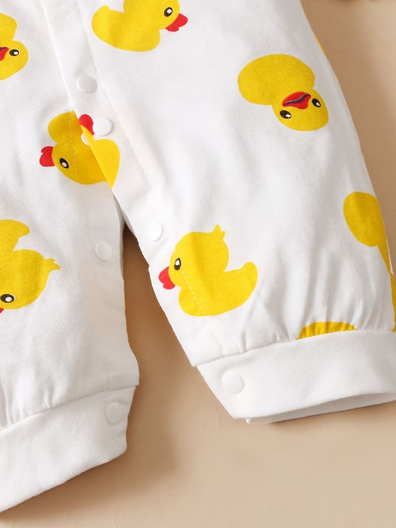 Nyfødt Spædbarn Romper Tegneserie Andeprint Langærmet Rundhals Jumpsuit Til Baby Piger Småbørnstøj