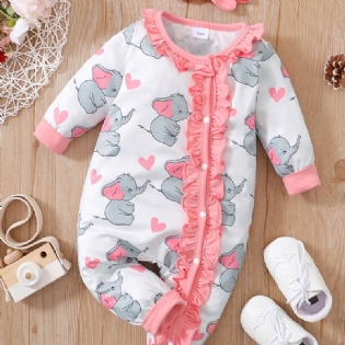 Nyfødt Spædbarn Romper Tegneserie Elefant Print Langærmet Jumpsuit Til Baby Piger Børn Tøj