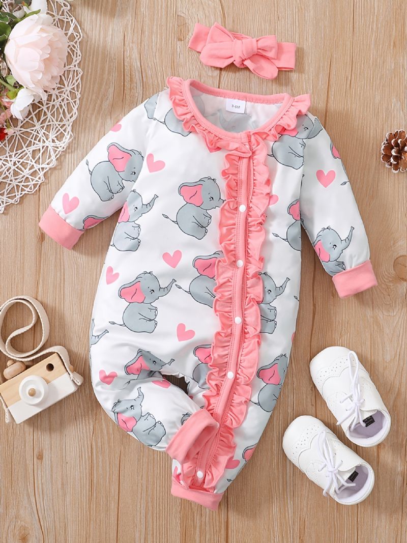 Nyfødt Spædbarn Romper Tegneserie Elefant Print Langærmet Jumpsuit Til Baby Piger Børn Tøj