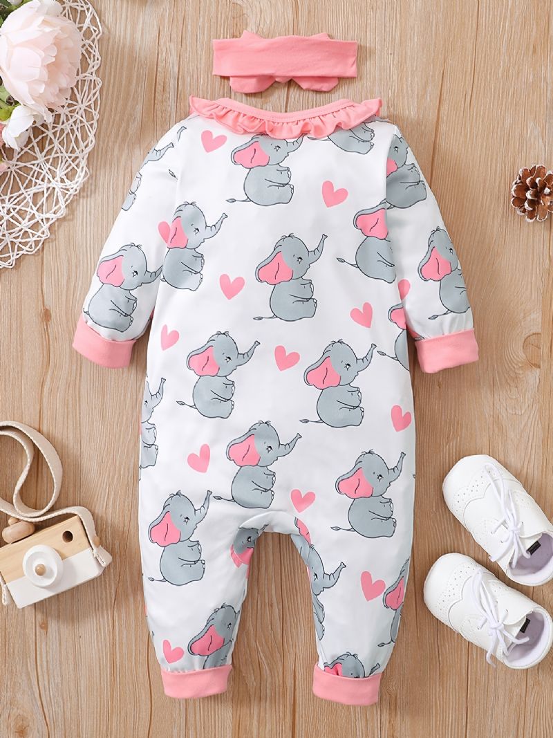 Nyfødt Spædbarn Romper Tegneserie Elefant Print Langærmet Jumpsuit Til Baby Piger Børn Tøj