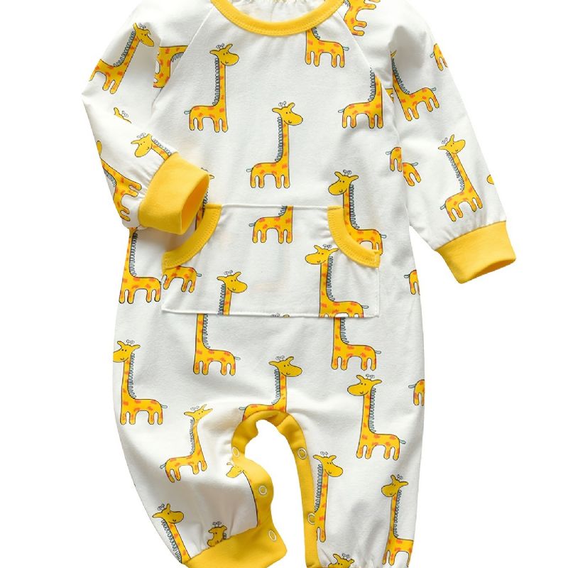 Nyfødt Spædbarn Romper Tegneserie Giraftryk Langærmet Rundhals Jumpsuit Til Baby Drenge Piger Børn Tøj