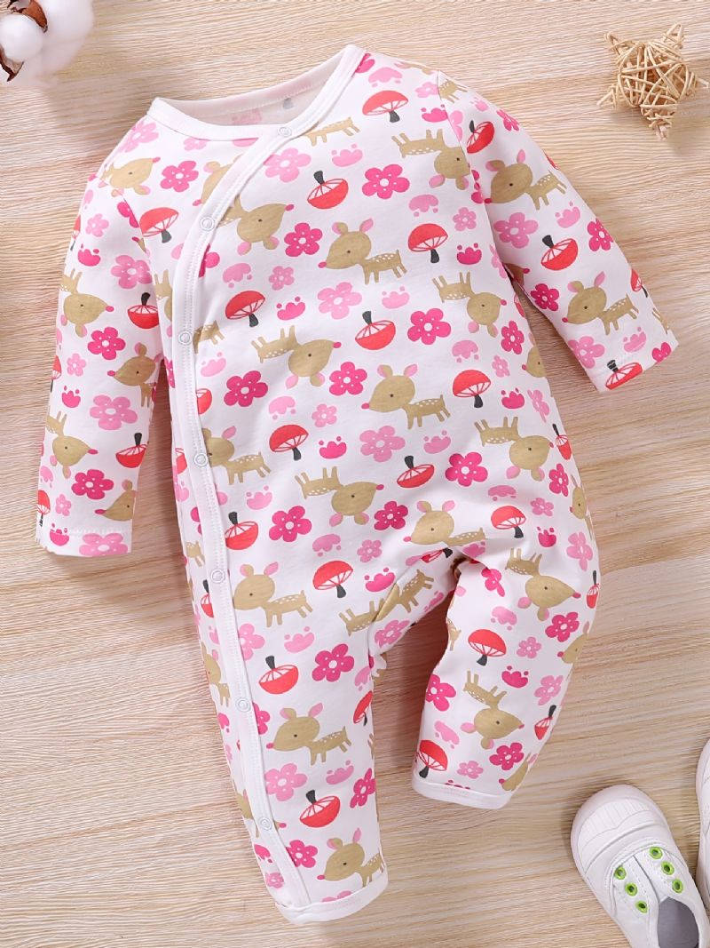 Nyfødt Spædbarn Romper Tegneserie Hjorteblomster Print Langærmet Rundhalset Jumpsuit Til Babypiger Småbørnstøj