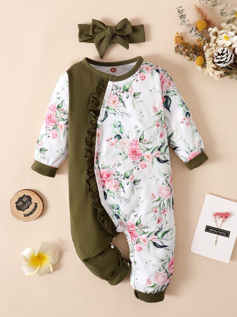 Nyfødt Spædbørn Flæsebukser Splejsning Langærmet Rundhals Blomsterprint Jumpsuit & Pandebånd Til Baby Piger Børnetøj