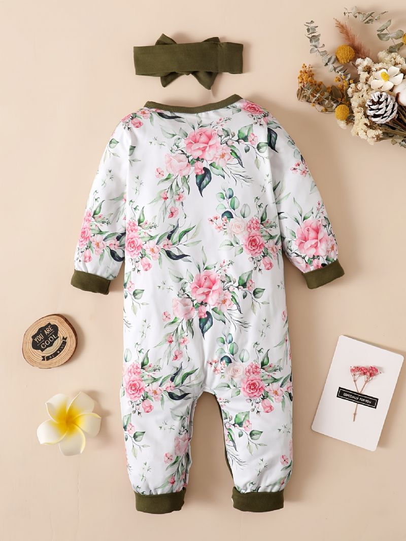 Nyfødt Spædbørn Flæsebukser Splejsning Langærmet Rundhals Blomsterprint Jumpsuit & Pandebånd Til Baby Piger Børnetøj