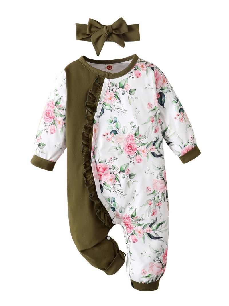 Nyfødt Spædbørn Flæsebukser Splejsning Langærmet Rundhals Blomsterprint Jumpsuit & Pandebånd Til Baby Piger Børnetøj