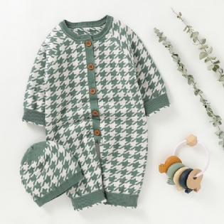 Nyfødt Spædbørn Houndstooth Sweater Langærmet Knap Jumpsuit & Hatte Til Småbørn Baby Drenge Piger Børn Tøj