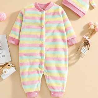 Nyfødt Spædbørn Regnbuestribet Plyssko Langærmet Jumpsuit & Hatte Til Baby Drenge Piger Børn Tøj