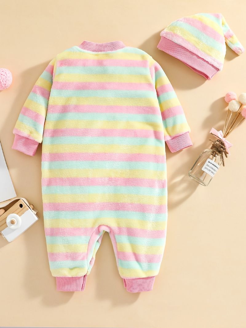 Nyfødt Spædbørn Regnbuestribet Plyssko Langærmet Jumpsuit & Hatte Til Baby Drenge Piger Børn Tøj
