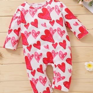 Nyfødte Babypiger Langærmet Hjertemønster Jumpsuit Romper Babytøj