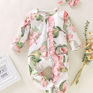 Piger Blomsterprint Langærmet Jumpsuit Med Flæsedesign + Pandebånd Babytøj