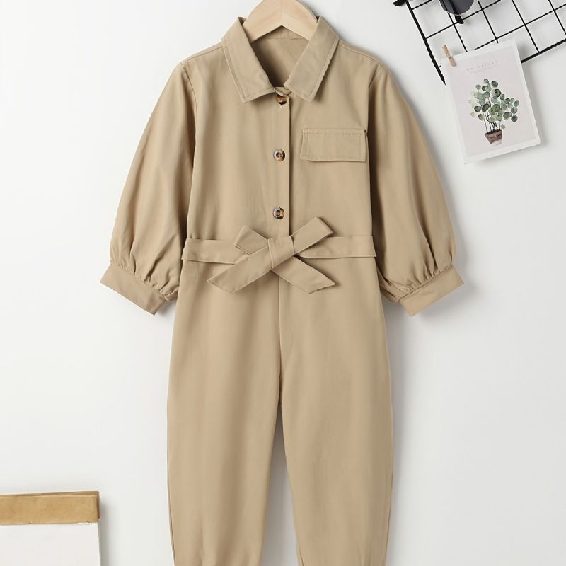 Piger Bomuld Solid Jumpsuit Med Sløjfe Bælte Til Efterår Vinter Ny