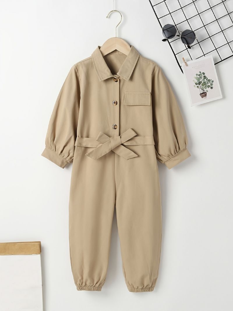 Piger Bomuld Solid Jumpsuit Med Sløjfe Bælte Til Efterår Vinter Ny
