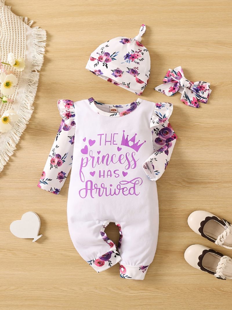 Piger Flæse Langærmet Jumpsuit + Pandebånd + Hatte Sæt Babytøj Med Blomsterprint