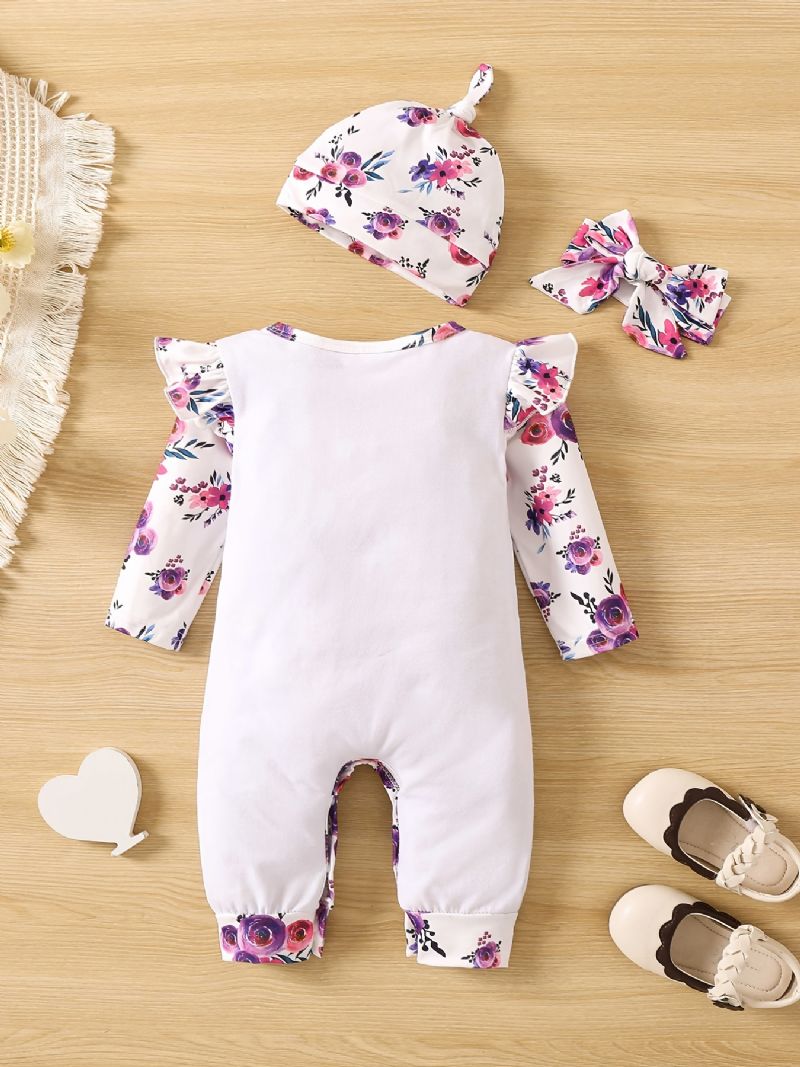 Piger Flæse Langærmet Jumpsuit + Pandebånd + Hatte Sæt Babytøj Med Blomsterprint