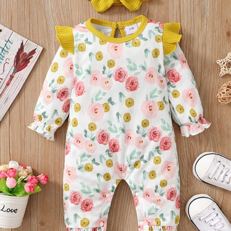 Piger Flæse Skulder Blomsterprint Langærmet Lange Ben Romper Jumpsuit Babytøj