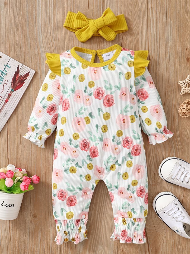 Piger Flæse Skulder Blomsterprint Langærmet Lange Ben Romper Jumpsuit Babytøj