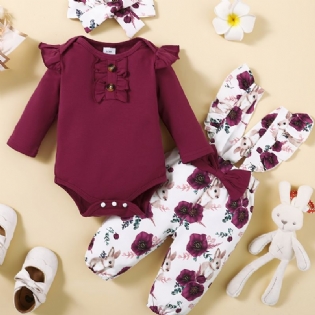 Piger Flæseskulder Langærmet Jumpsuit + Blomsterprint Suspenderbukser + Pandebåndsæt Babytøj