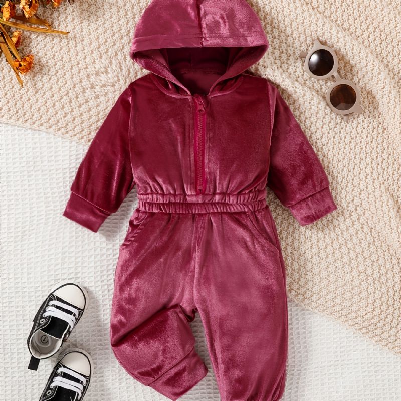 Piger Pink Velvet Langærmet Hooded Waist Bukser Jumpsuit