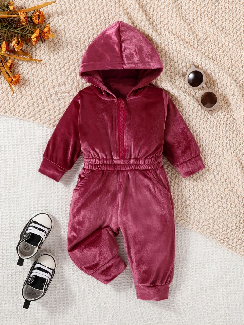 Piger Pink Velvet Langærmet Hooded Waist Bukser Jumpsuit