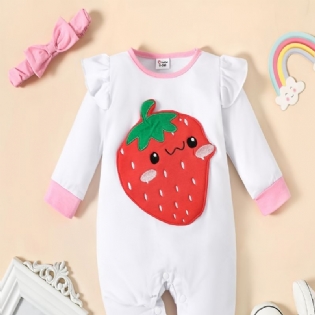 Piger Ruffler Skulder Langærmet Jordbær Broderet Romper Jumpsuit Babytøj