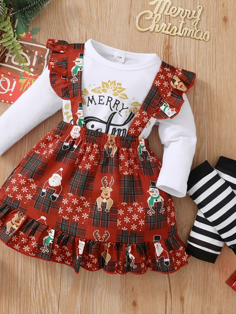 Piger Rundhalset Langærmet Jumpsuit + Flæsestropper Sommernederdel + Knæpuder Sæt Babytøj Til Jul