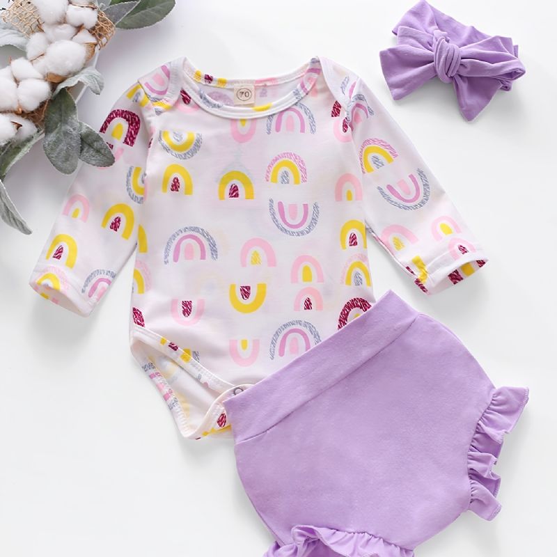 Regnbueprint Til Piger Langærmet Jumpsuit + Ensfarvet Flæse-shorts Sæt Babytøj Til Forår Efterår