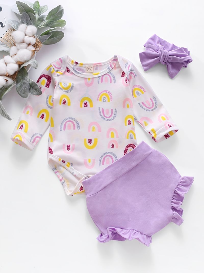 Regnbueprint Til Piger Langærmet Jumpsuit + Ensfarvet Flæse-shorts Sæt Babytøj Til Forår Efterår