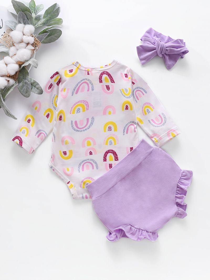 Regnbueprint Til Piger Langærmet Jumpsuit + Ensfarvet Flæse-shorts Sæt Babytøj Til Forår Efterår