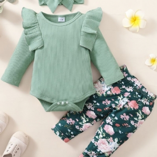 Ribbet Flæseskulder Til Piger Langærmet Jumpsuit + Blomsterprint Bukser + Pandebåndsæt Babytøj