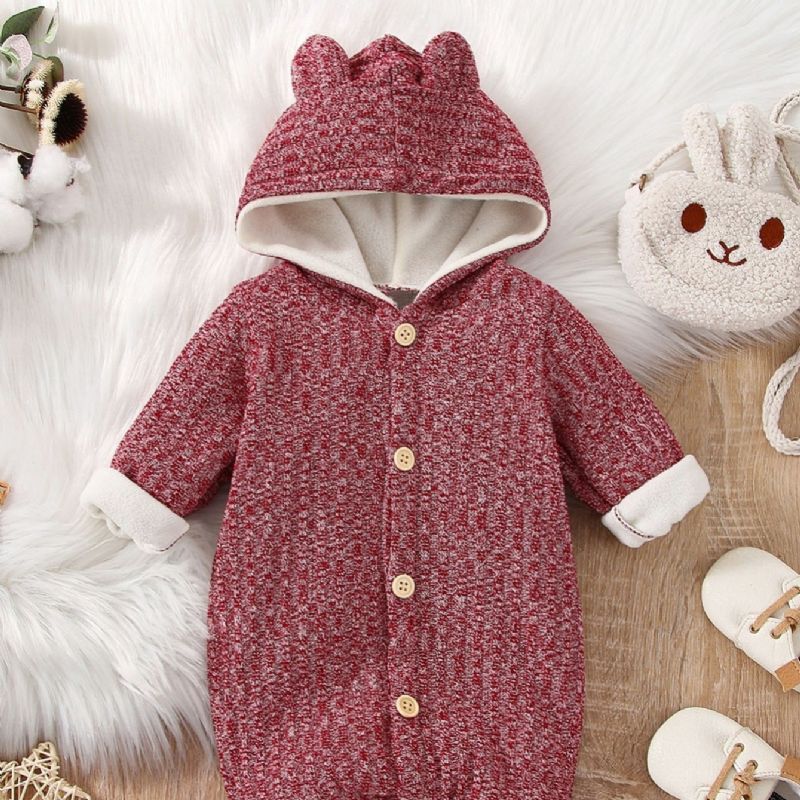 Rose Rød Flannel Fleece Jumpsuit Med Hætte