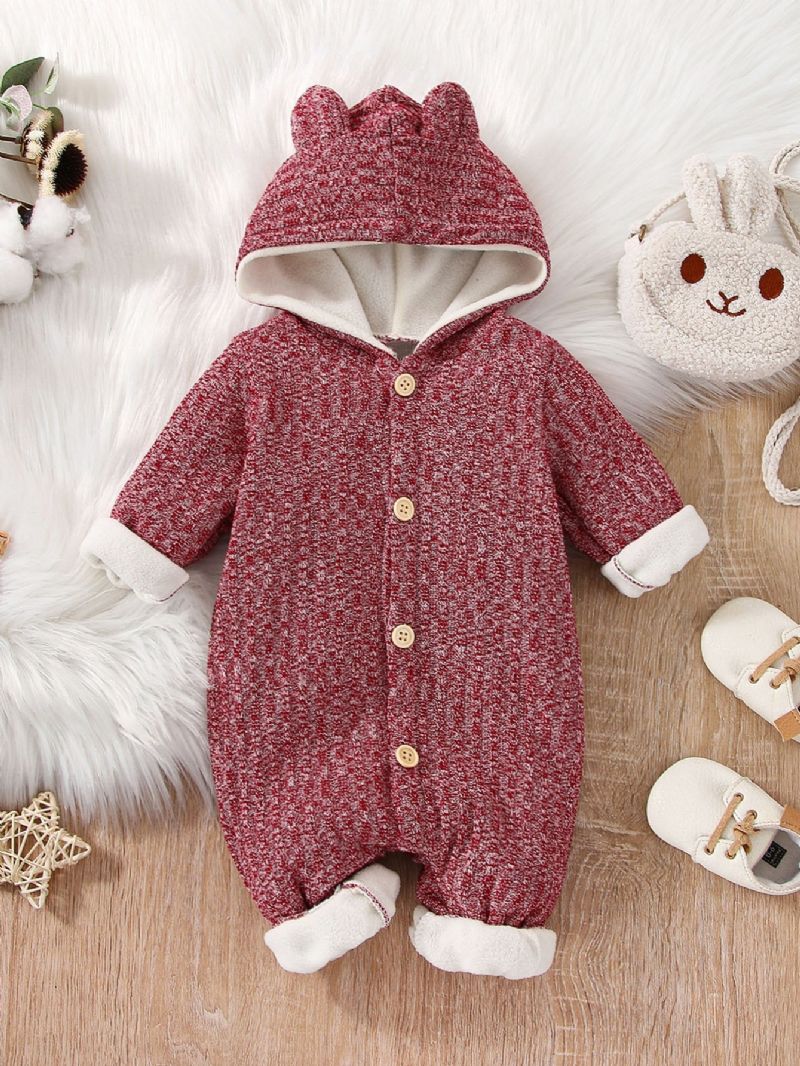 Rose Rød Flannel Fleece Jumpsuit Med Hætte