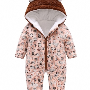 Småbørn Baby Hætte Fleece Varm Jumpsuit Striber Tegneserie Print Lynlås Langærmet Bukse Til Drenge Piger