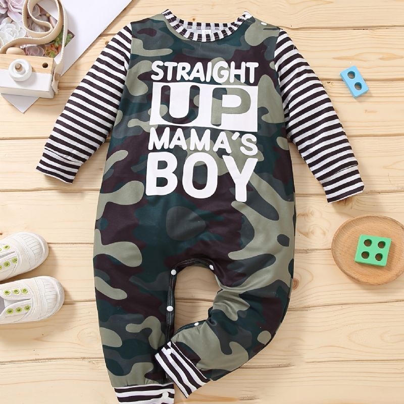 Spædbarn Romper Bogstavtryk Stribede Lange Ærmer Splejsning Camouflage Rundhals Jumpsuit Til Baby Drenge Piger Børn Tøj