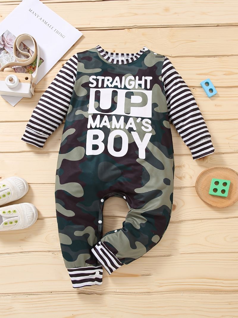 Spædbarn Romper Bogstavtryk Stribede Lange Ærmer Splejsning Camouflage Rundhals Jumpsuit Til Baby Drenge Piger Børn Tøj