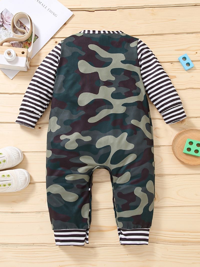 Spædbarn Romper Bogstavtryk Stribede Lange Ærmer Splejsning Camouflage Rundhals Jumpsuit Til Baby Drenge Piger Børn Tøj