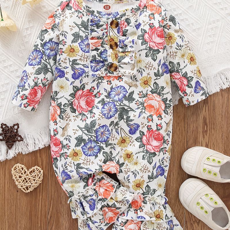 Toddler Baby Flower Print Langærmede Flæser Jumpsuit Rompers Til Piger