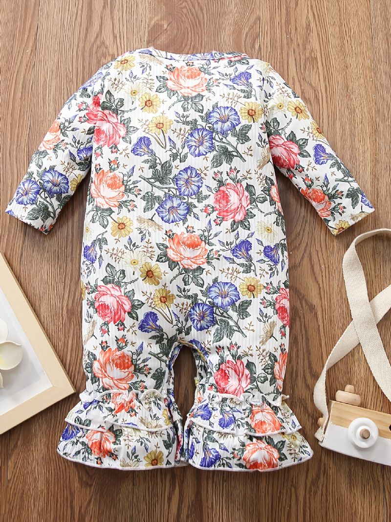 Toddler Baby Flower Print Langærmede Flæser Jumpsuit Rompers Til Piger