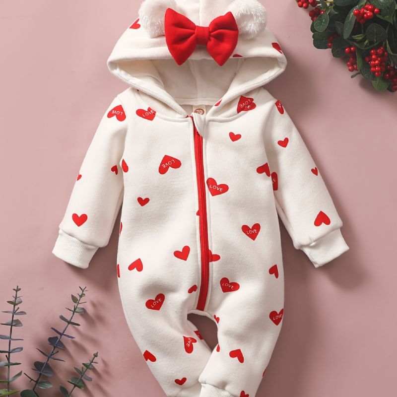 Toddler Baby Heart Print Langærmet Jumpsuit Med Hætte Til Piger