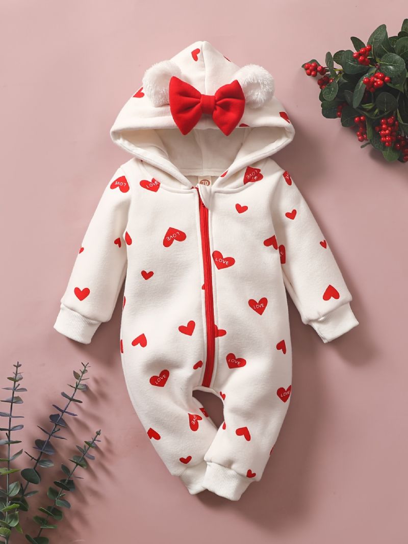 Toddler Baby Heart Print Langærmet Jumpsuit Med Hætte Til Piger